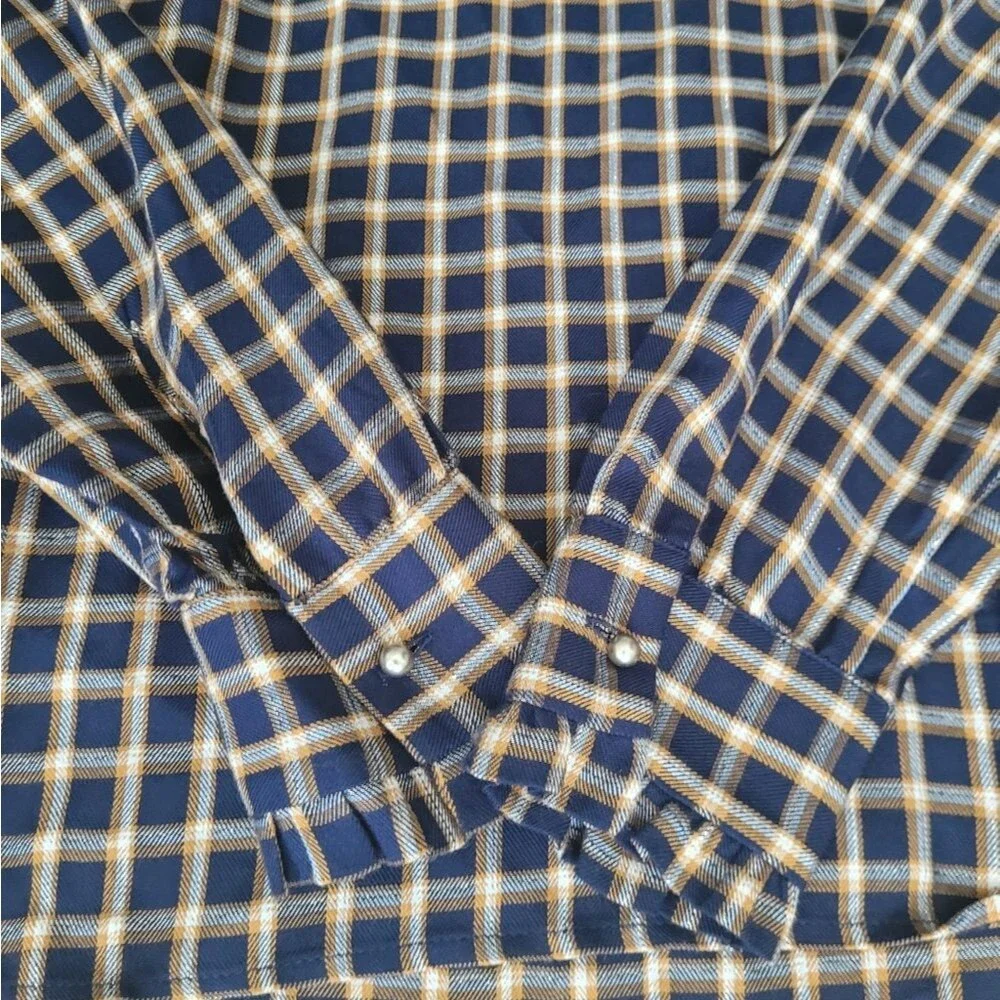 LOFT Blue Gold Plaid Puff Sleeve Blouse XS Business Casual Coquette Top